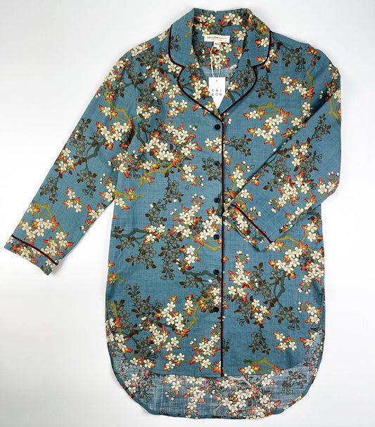 Teal Blue Blossom Long Sleeve Pyjama-Style Top - Linen-Cotton Super Soft