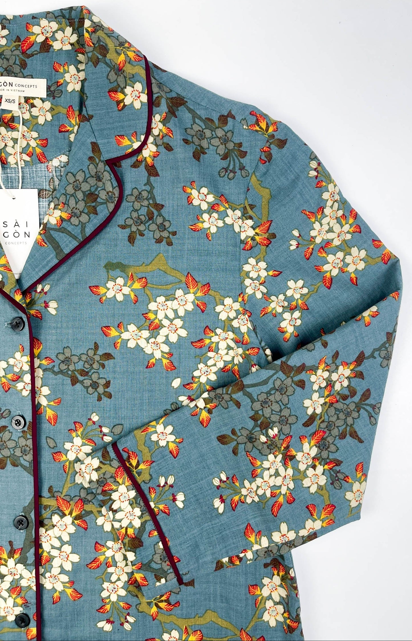 Teal Blue Blossom Long Sleeve Pyjama-Style Top - Linen-Cotton Super Soft