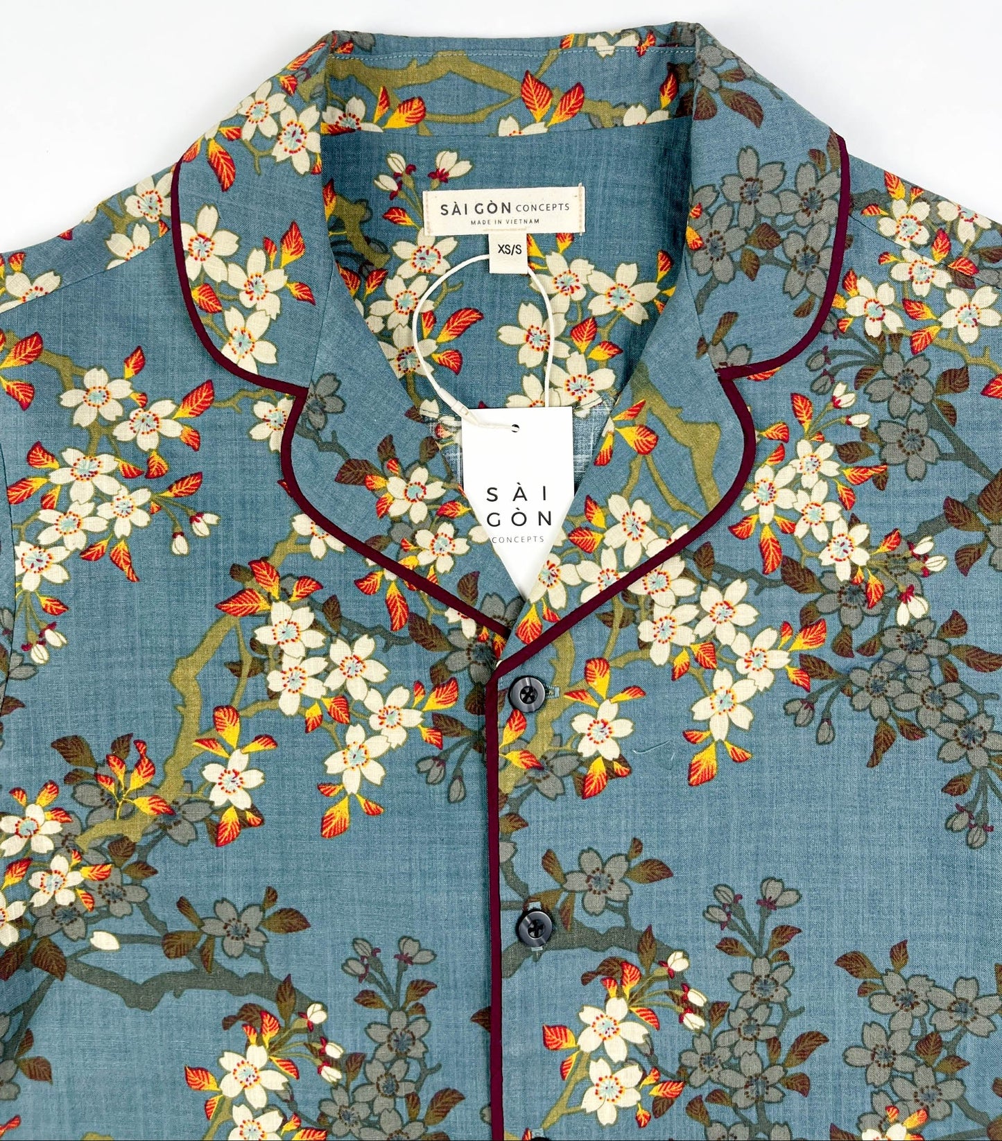 Teal Blue Blossom Short Sleeve Pyjama-Style Top - Linen-Cotton Super Soft