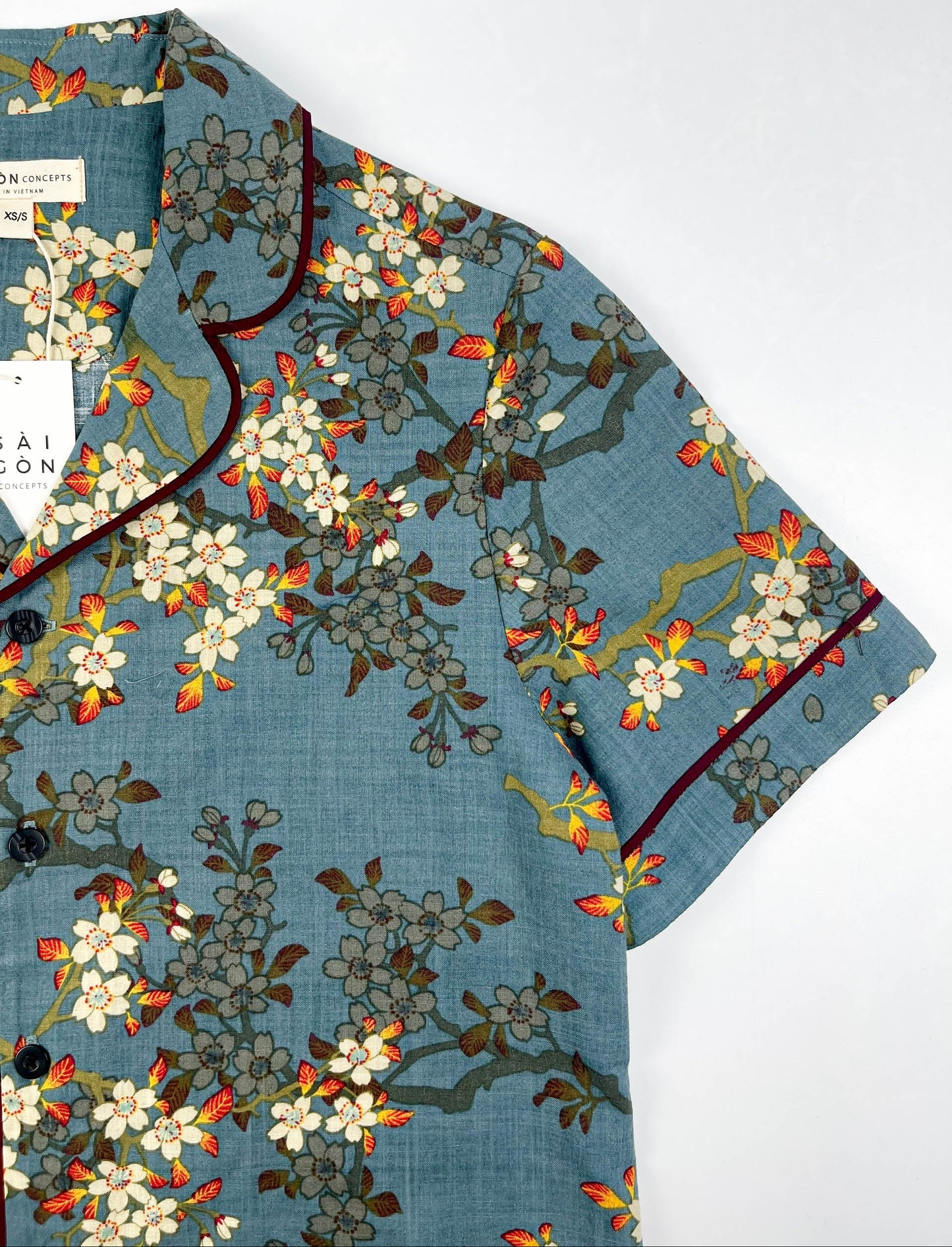 Teal Blue Blossom Short Sleeve Pyjama-Style Top - Linen-Cotton Super Soft