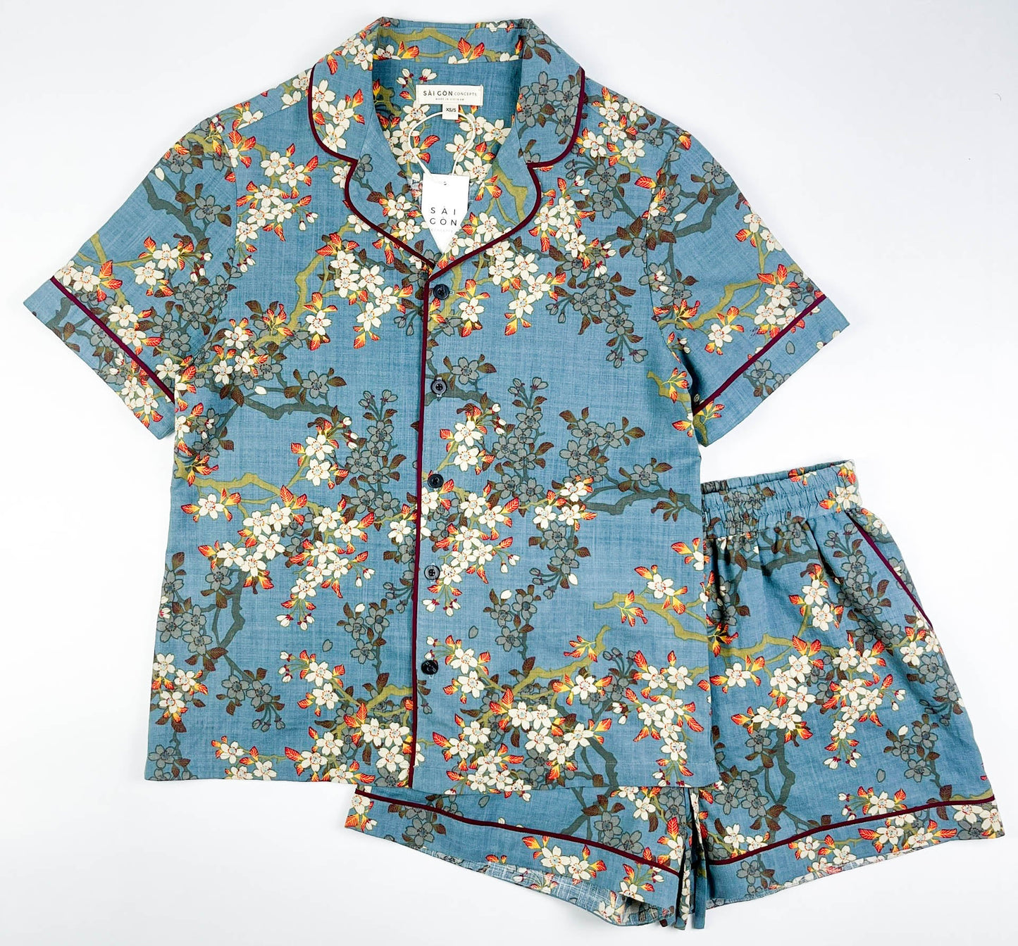 Teal Blue Blossom Short Sleeve Pyjama-Style Top - Linen-Cotton Super Soft