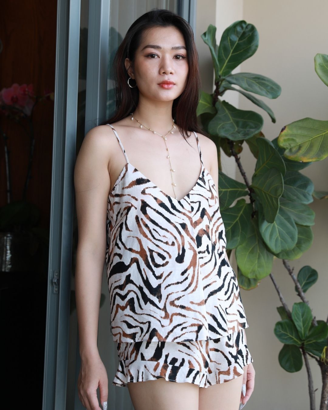 Saigon Concepts White Tiger print Cami top and ruffle shorts - photo with model showing front view detail