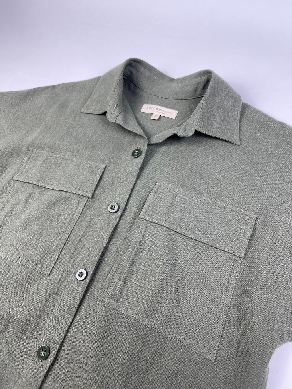 Saigon Concepts Army Green linen maxi shirt dress - front chest neck detail