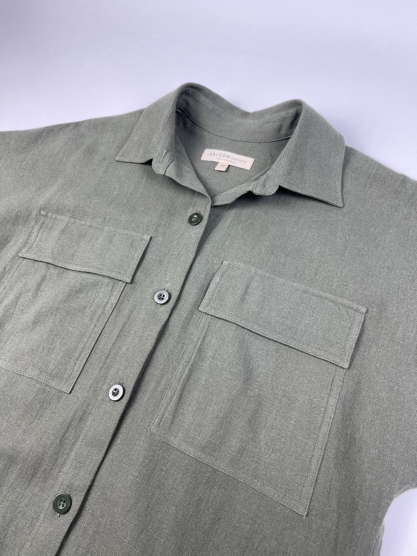 Saigon Concepts Army Green linen maxi shirt dress - front chest neck detail