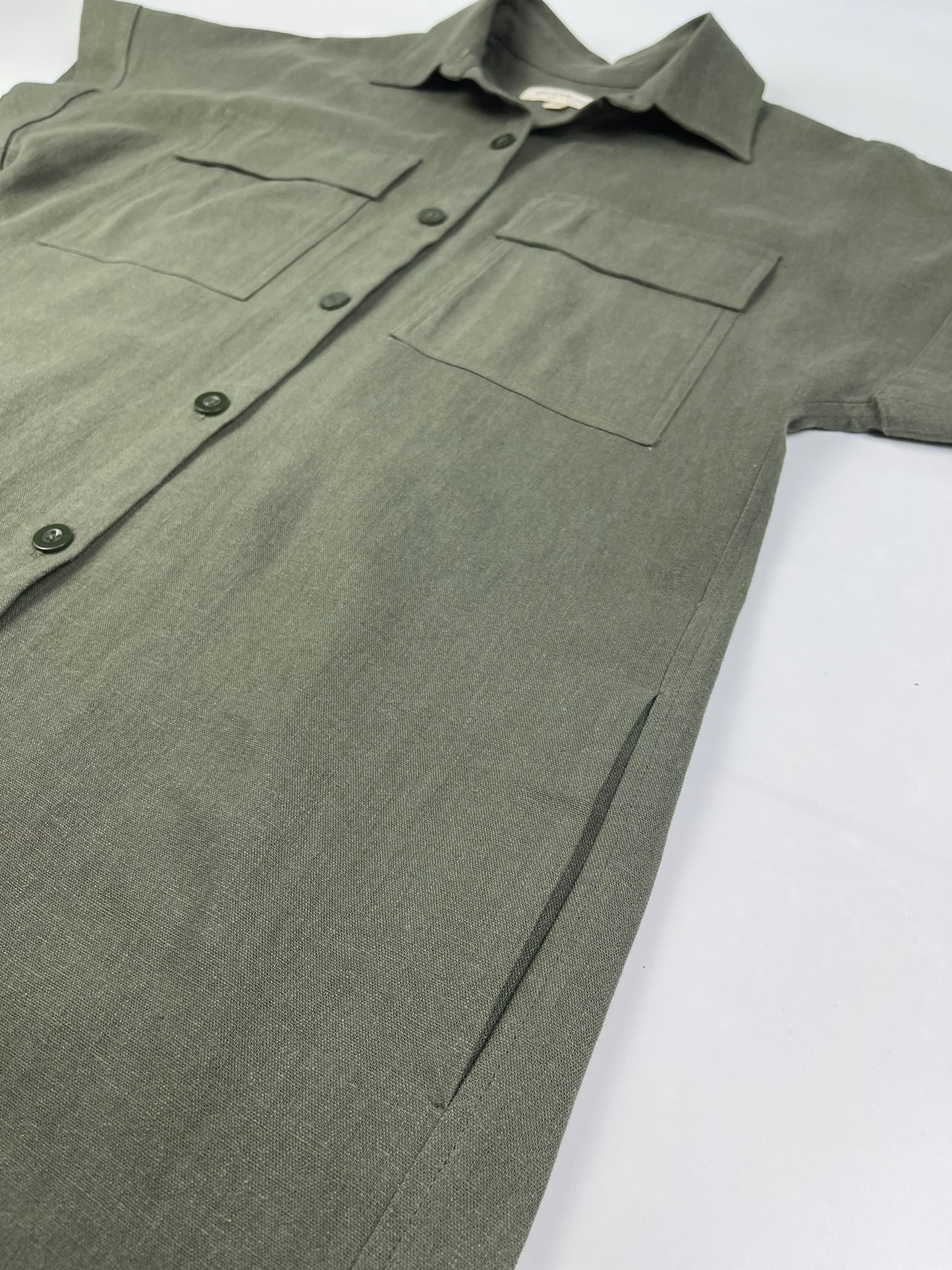 Saigon Concepts Army Greenlinen maxi shirt dress - front side pocket detail view