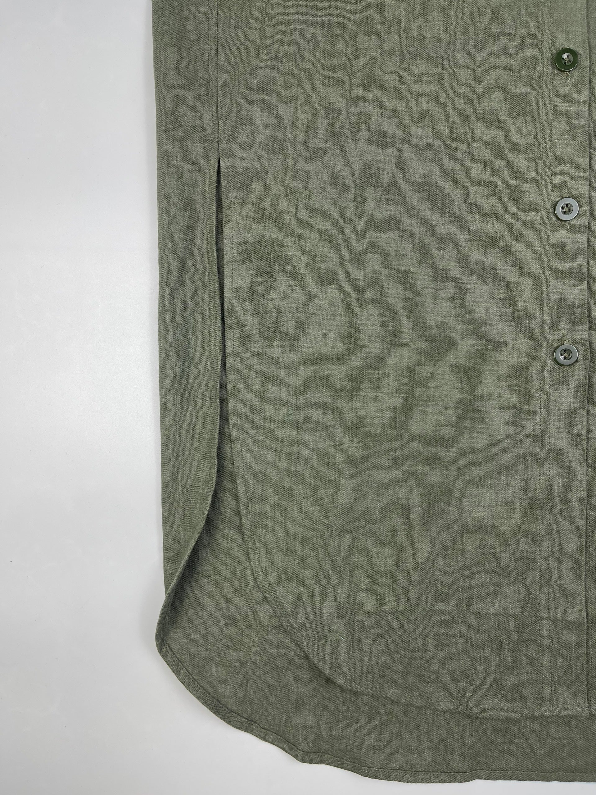 Saigon Concepts Army Green linen maxi shirt dress - side split detail view