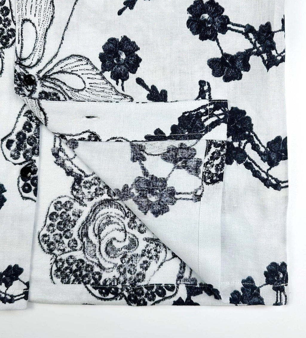 Saigon Concepts White linen Hawaiian shirt with black floral patterns