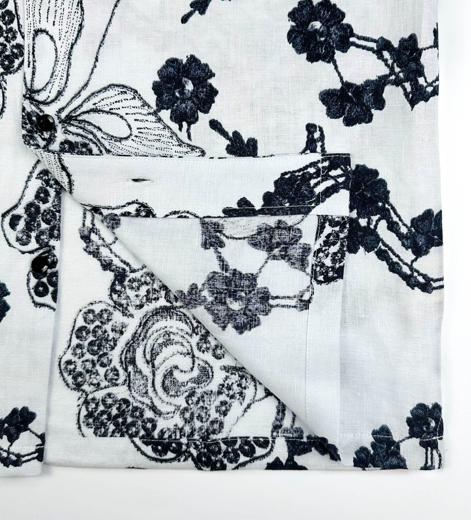 Saigon Concepts White linen Hawaiian shirt with black floral patterns