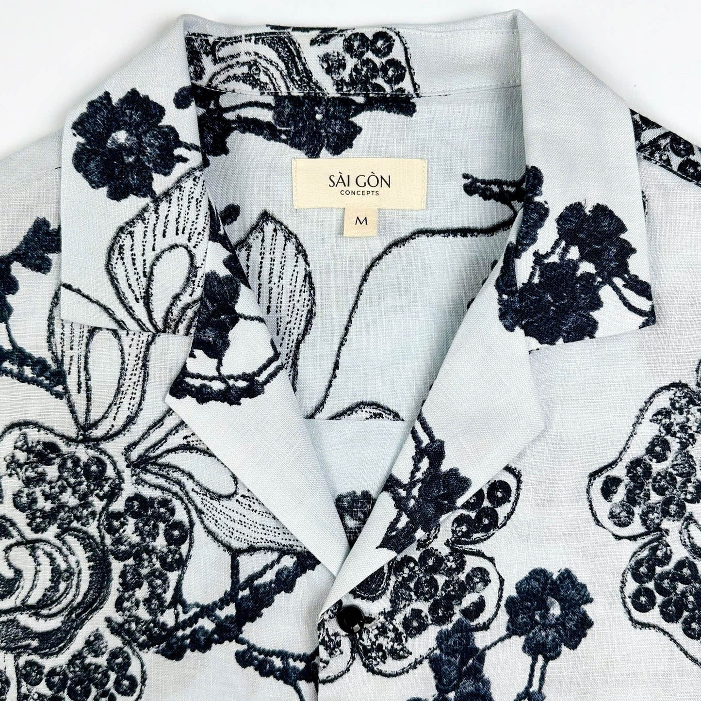 Saigon Concepts White linen Hawaiian shirt with black floral patterns