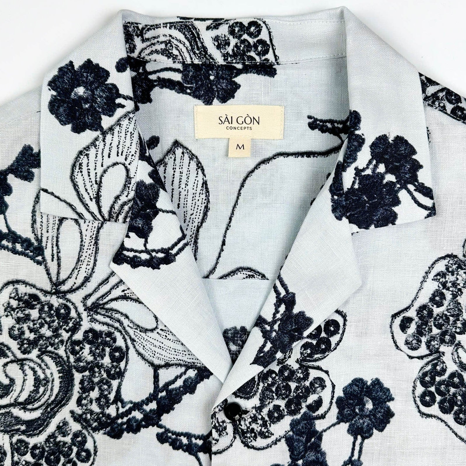 Saigon Concepts White linen Hawaiian shirt with black floral patterns