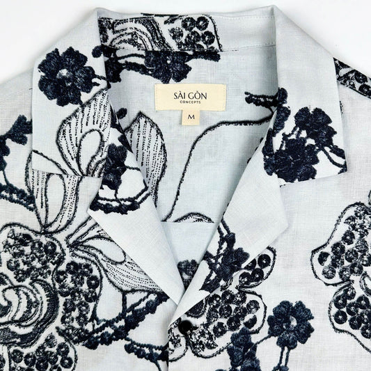 Saigon Concepts White linen Hawaiian shirt with black floral patterns