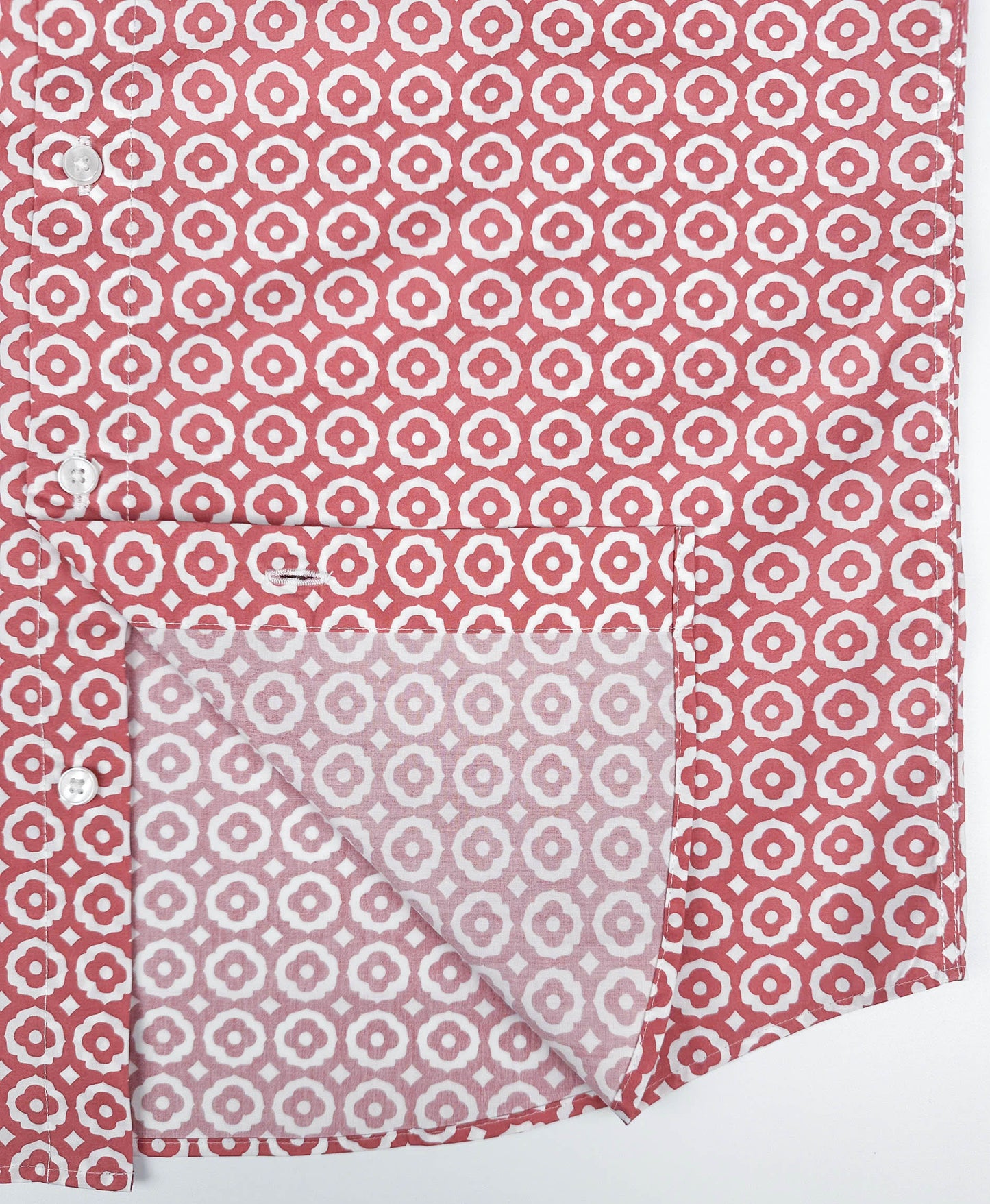Saigon Tiles short sleeve button-up shirt lay flat seam detail view, terracotta and white geometric tile print