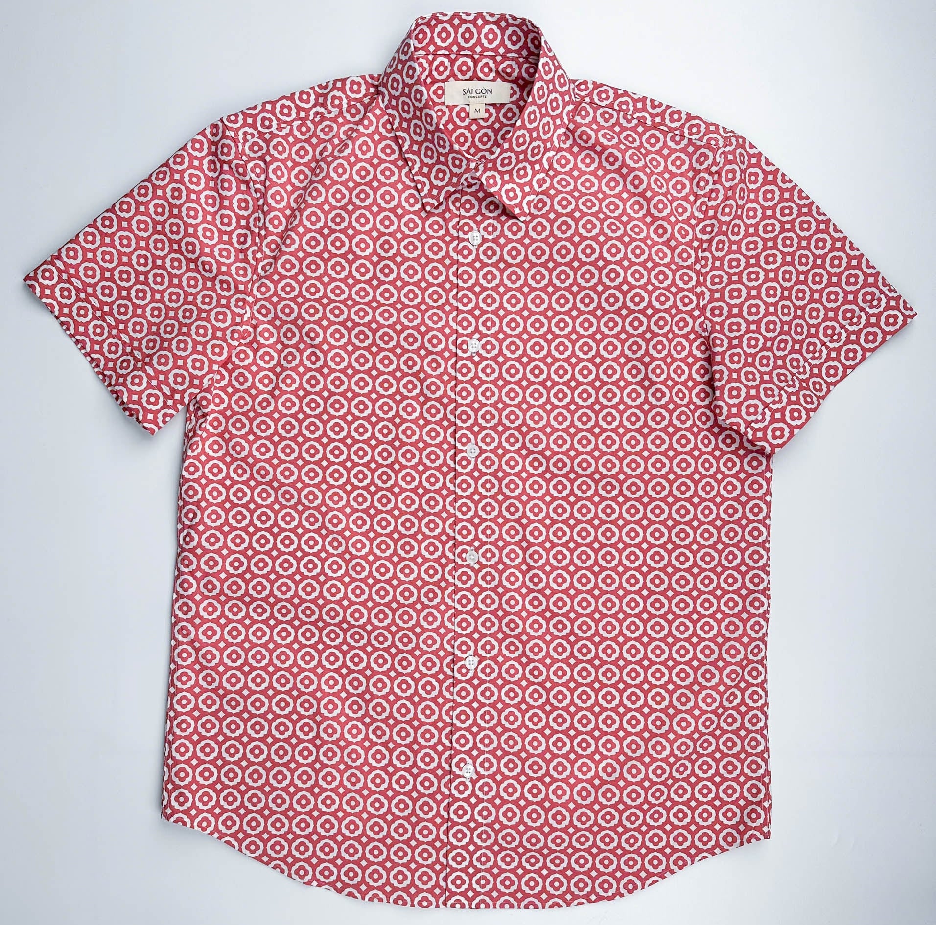Saigon Tiles short sleeve button-up shirt lay flat full front view, terracotta and white geometric tile print
