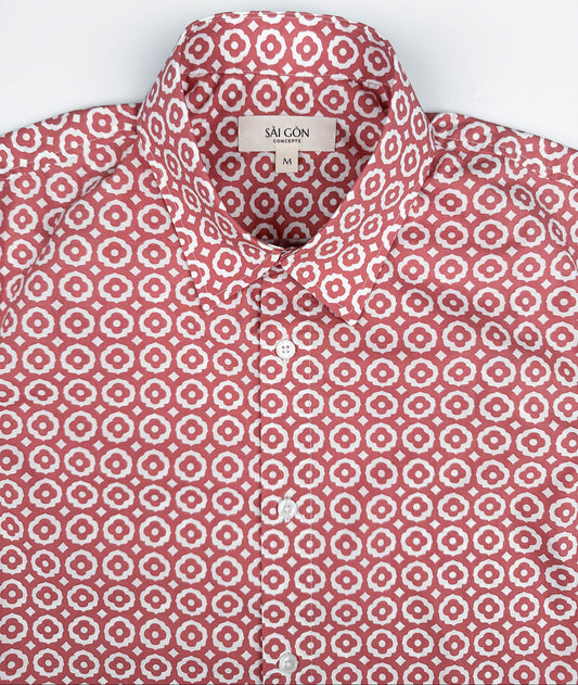 Saigon Tiles short sleeve button-up shirt lay flat front collar detail view, terracotta and white geometric tile print