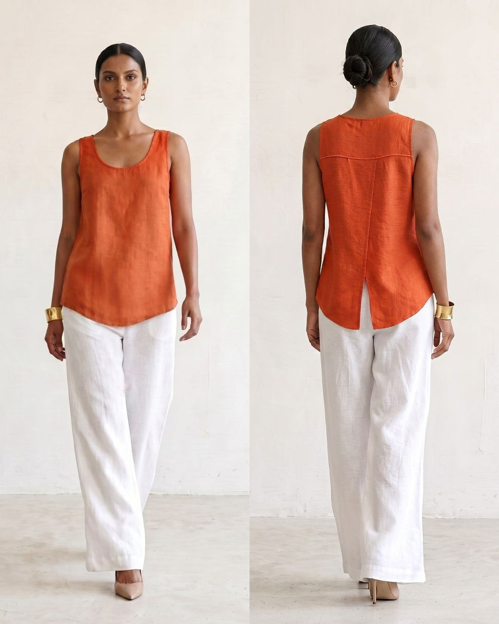 Woman wearing Saigon Concepts Aria linen tank tank top in orange colour showing front and back view with overlap flap back detail to keep you cool.