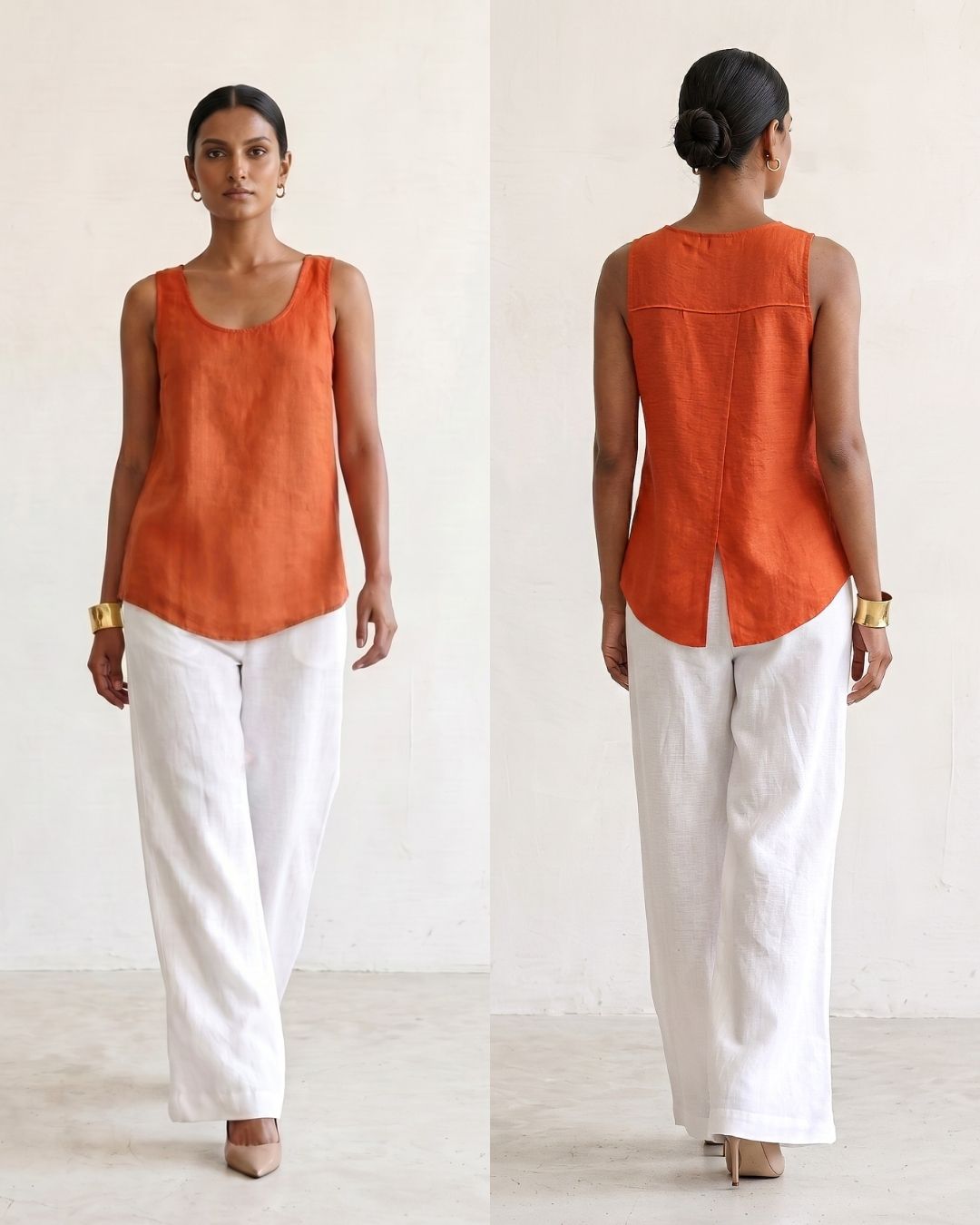 Woman wearing Saigon Concepts Aria linen tank tank top in orange colour showing front and back view with overlap flap back detail to keep you cool.