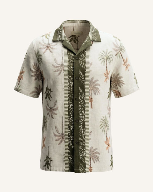 Saigon Concepts Hawaiian Short-sleeve shirt with palm tree pattern on a cream background with a dark green contrast collar and trim - 3D Mannequin view