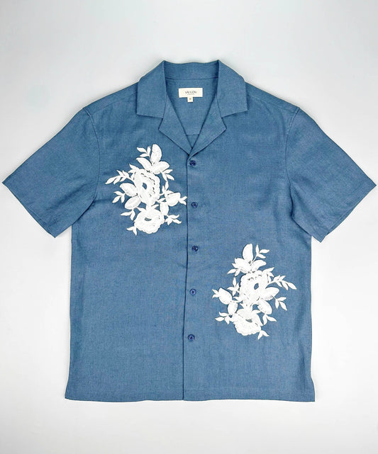 Saigon Concepts Blue Steel coloured shirt with white floral lace application on a white background