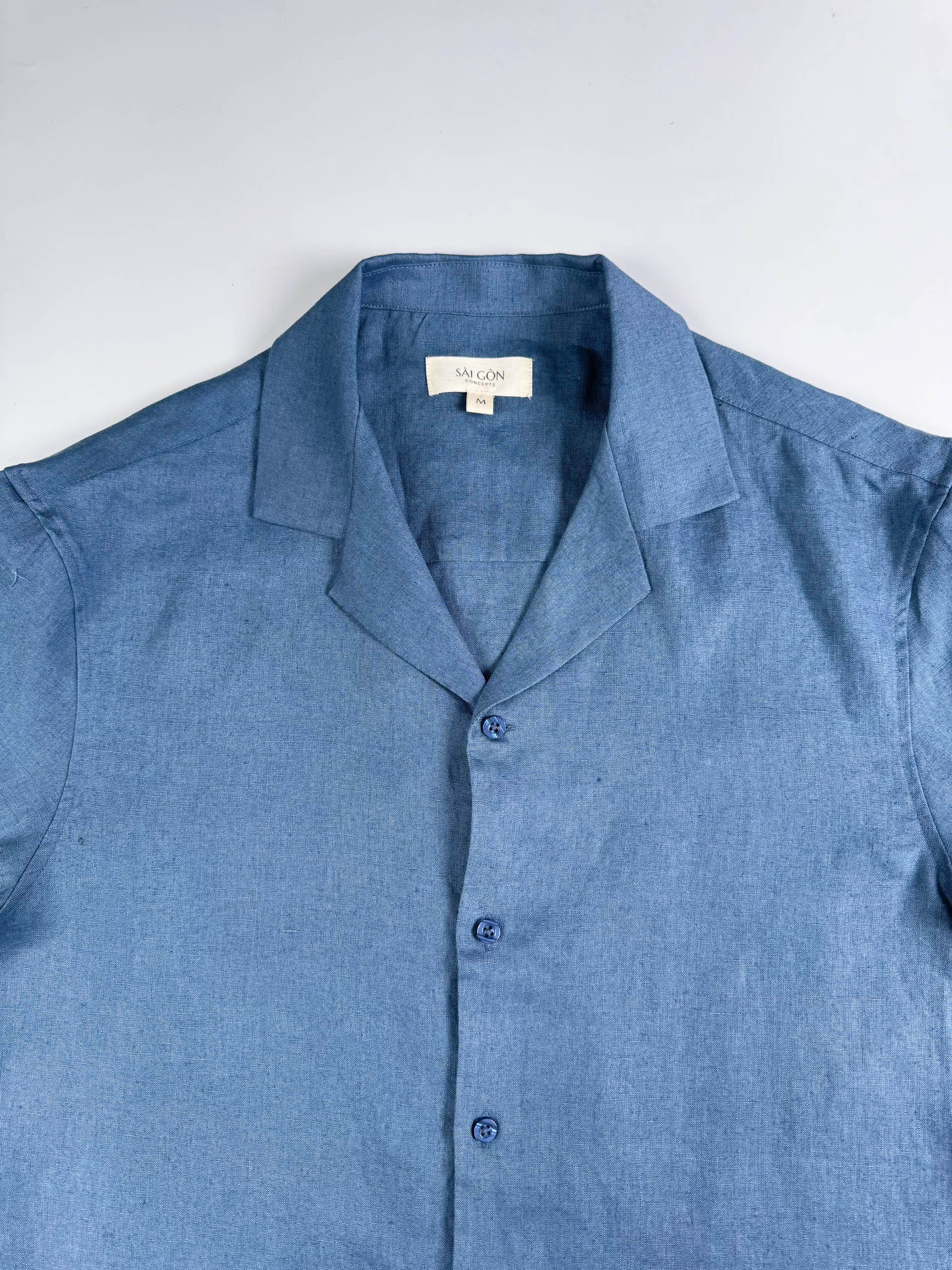 Saigon Concepts Blue Steel Linen Hawaiian Shirt - front neck view