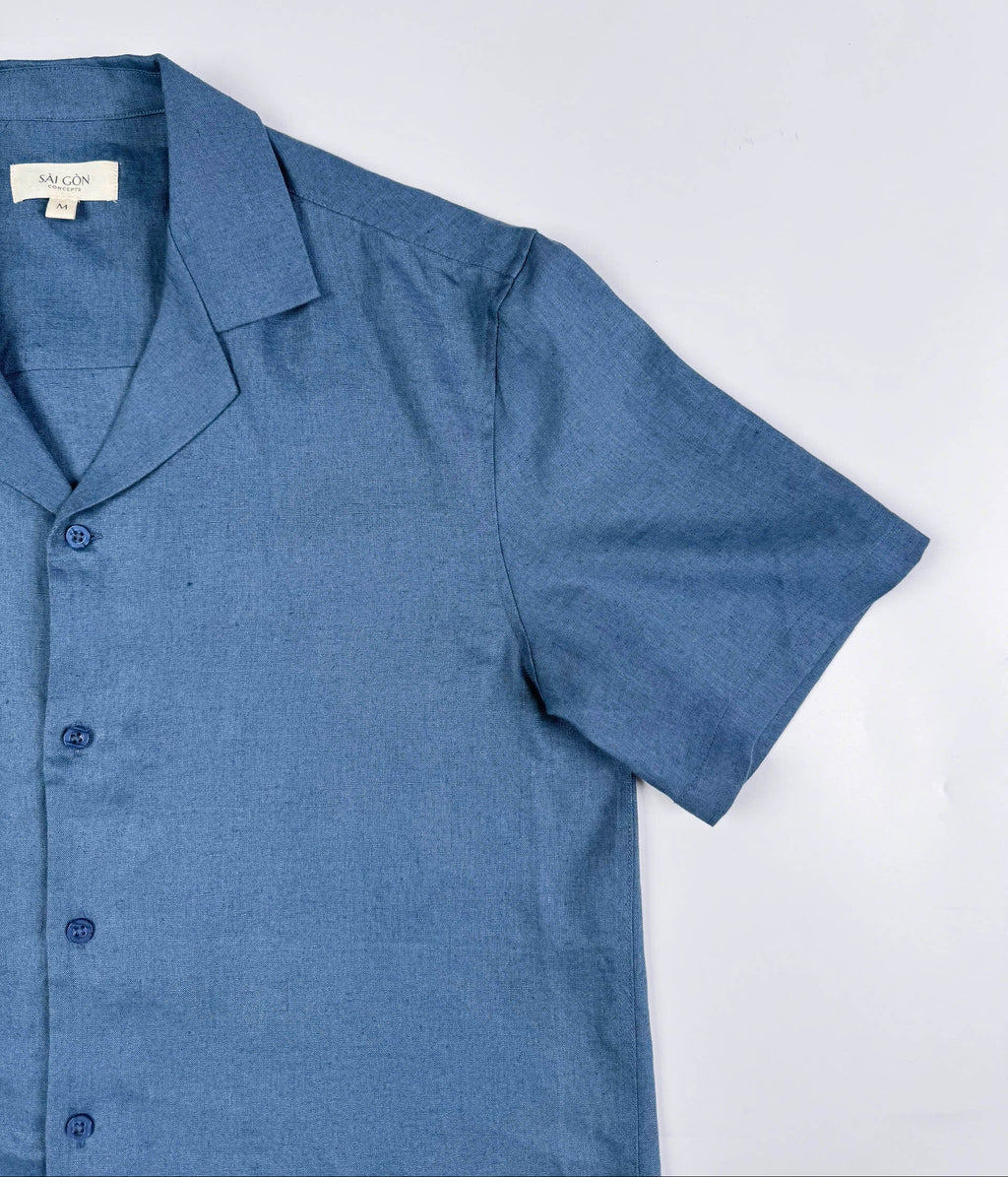 Saigon Concepts Blue Steel Linen Hawaiian Shirt - front sleeve view