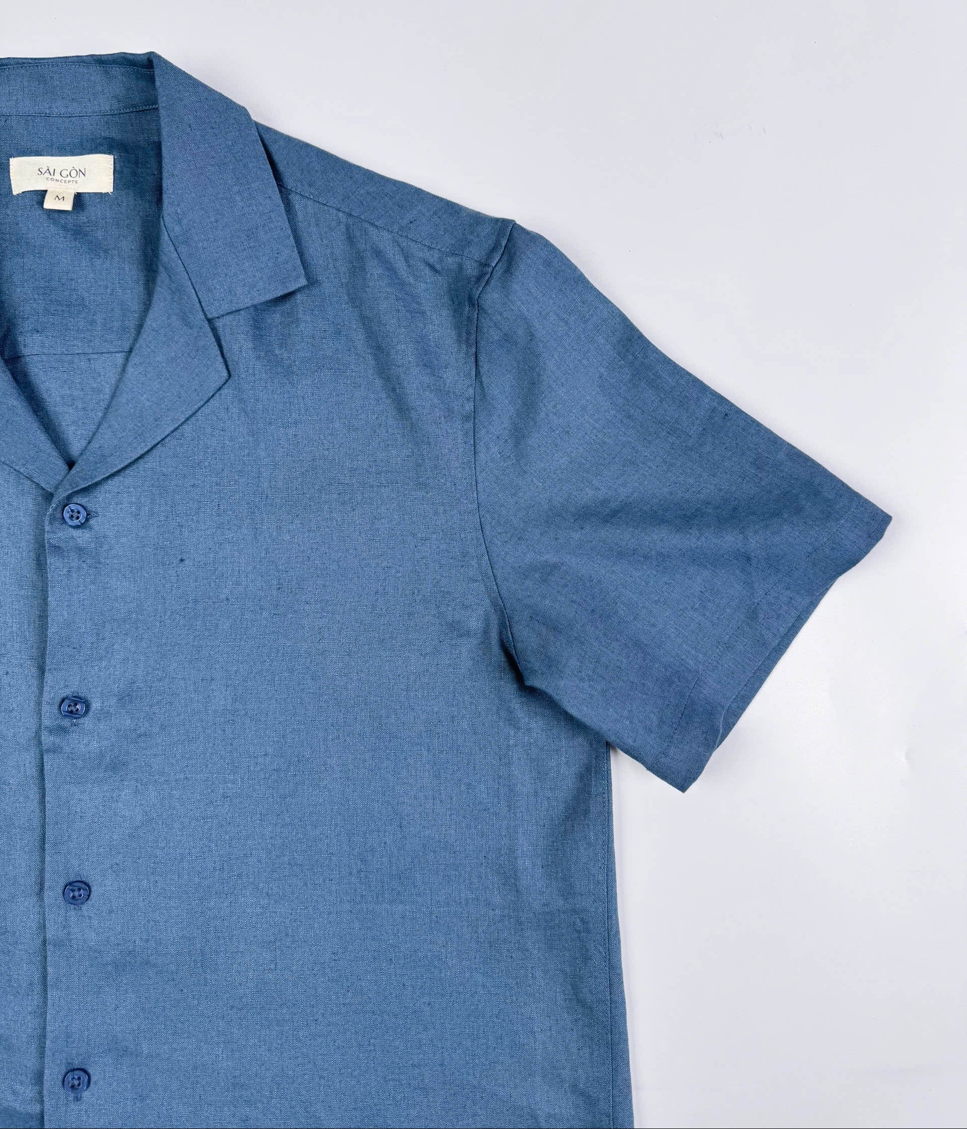 Saigon Concepts Blue Steel Linen Hawaiian Shirt - front sleeve view