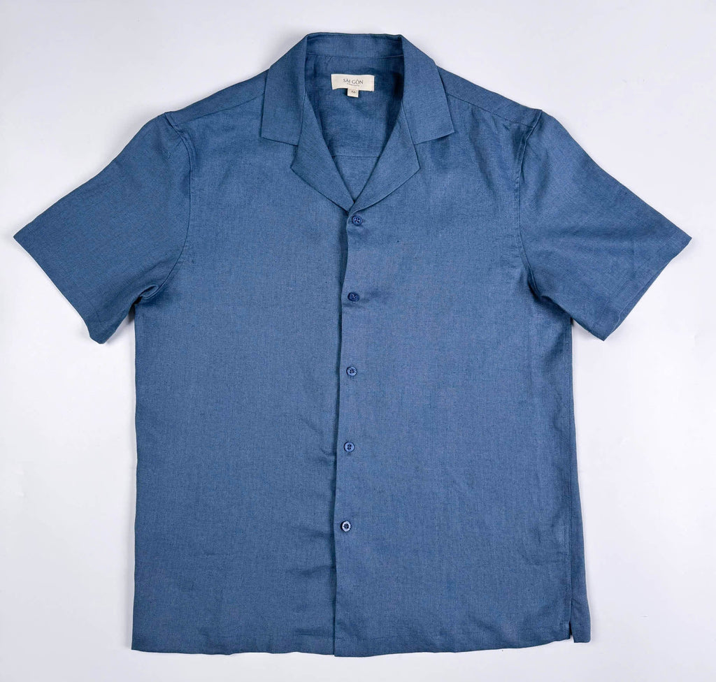 Saigon Concepts Blue Steel Linen Hawaiian Shirt - full front view