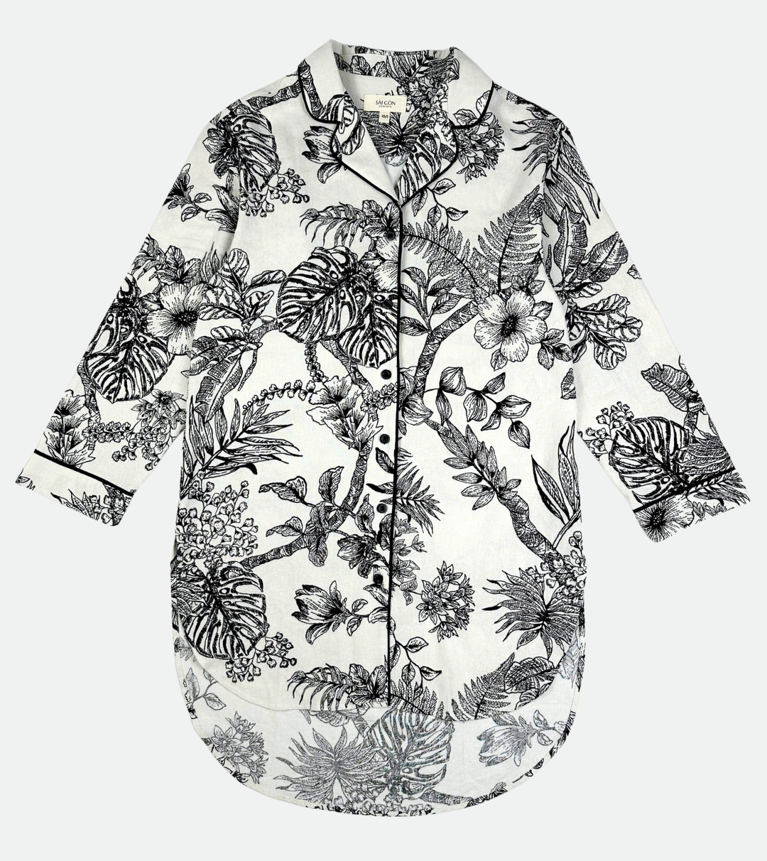Saigon Concepts Botanical Noir Longline PJ Top with black floral etched drawing on white linen - full front view 