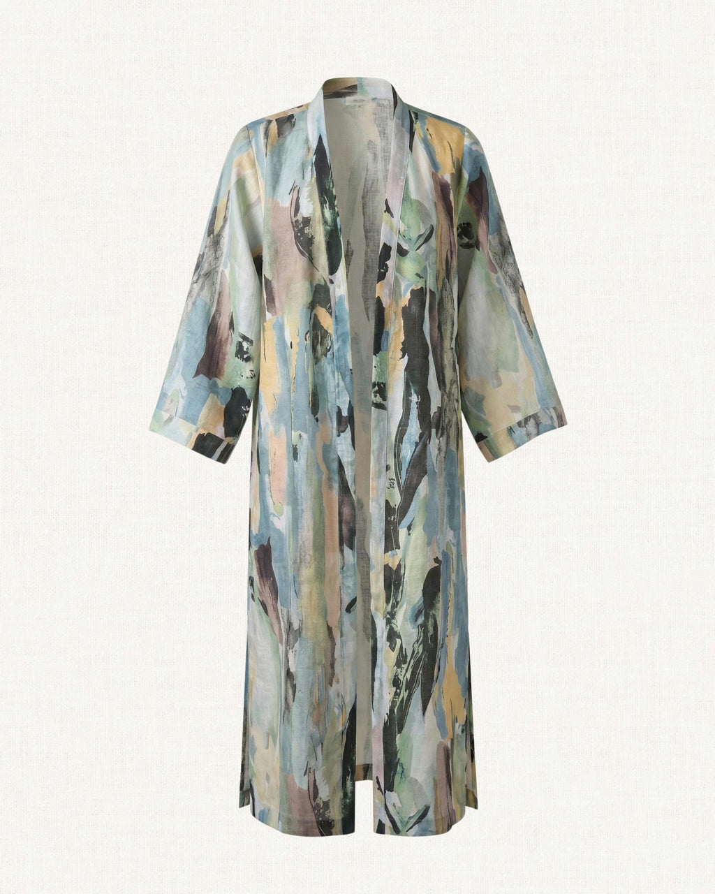 Multicolored abstract patterned kimono style robe on a white background - 3D front view