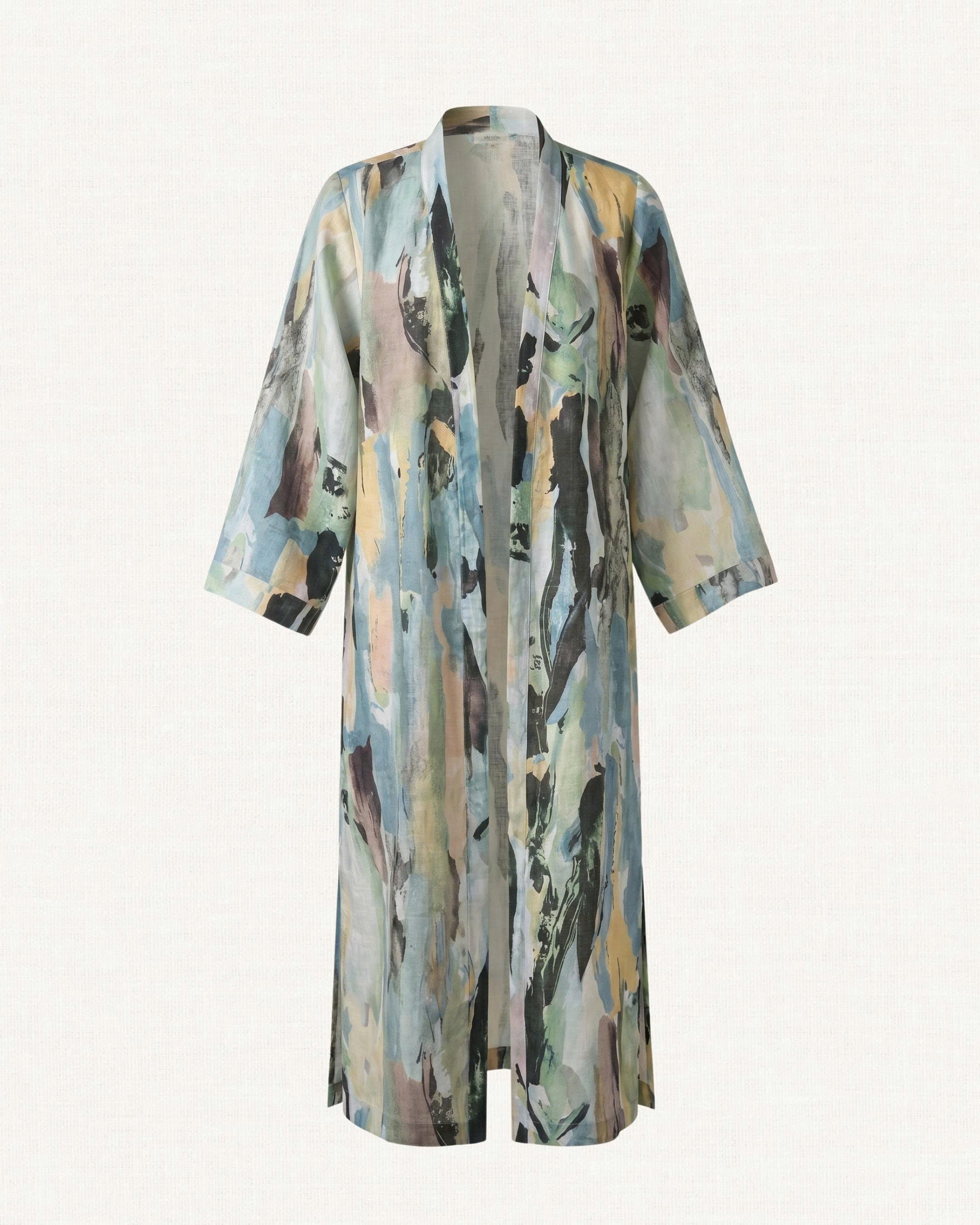 Multicolored abstract patterned kimono style robe on a white background - 3D front view