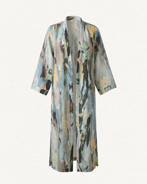 Multicolored abstract patterned kimono style robe on a white background - 3D front view