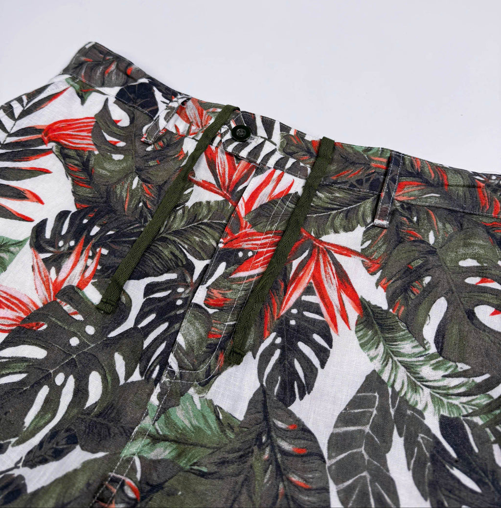 Saigon Concepts Fire & Fern Tropical Print Linen Shorts - front waistband with drawstring cord view 