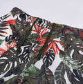Saigon Concepts Fire & Fern Tropical Print Linen Shorts - front waistband with drawstring cord view 