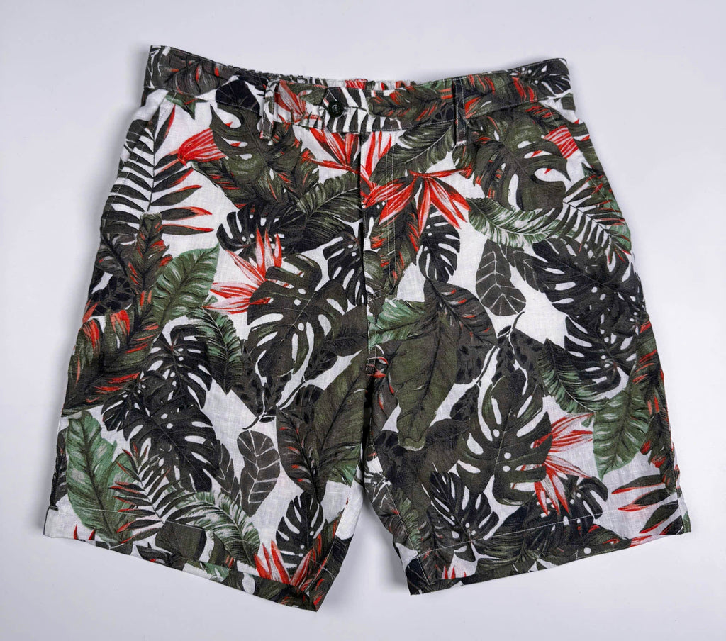 Saigon Concepts Fire & Fern Tropical Print Linen Shorts - full front view 