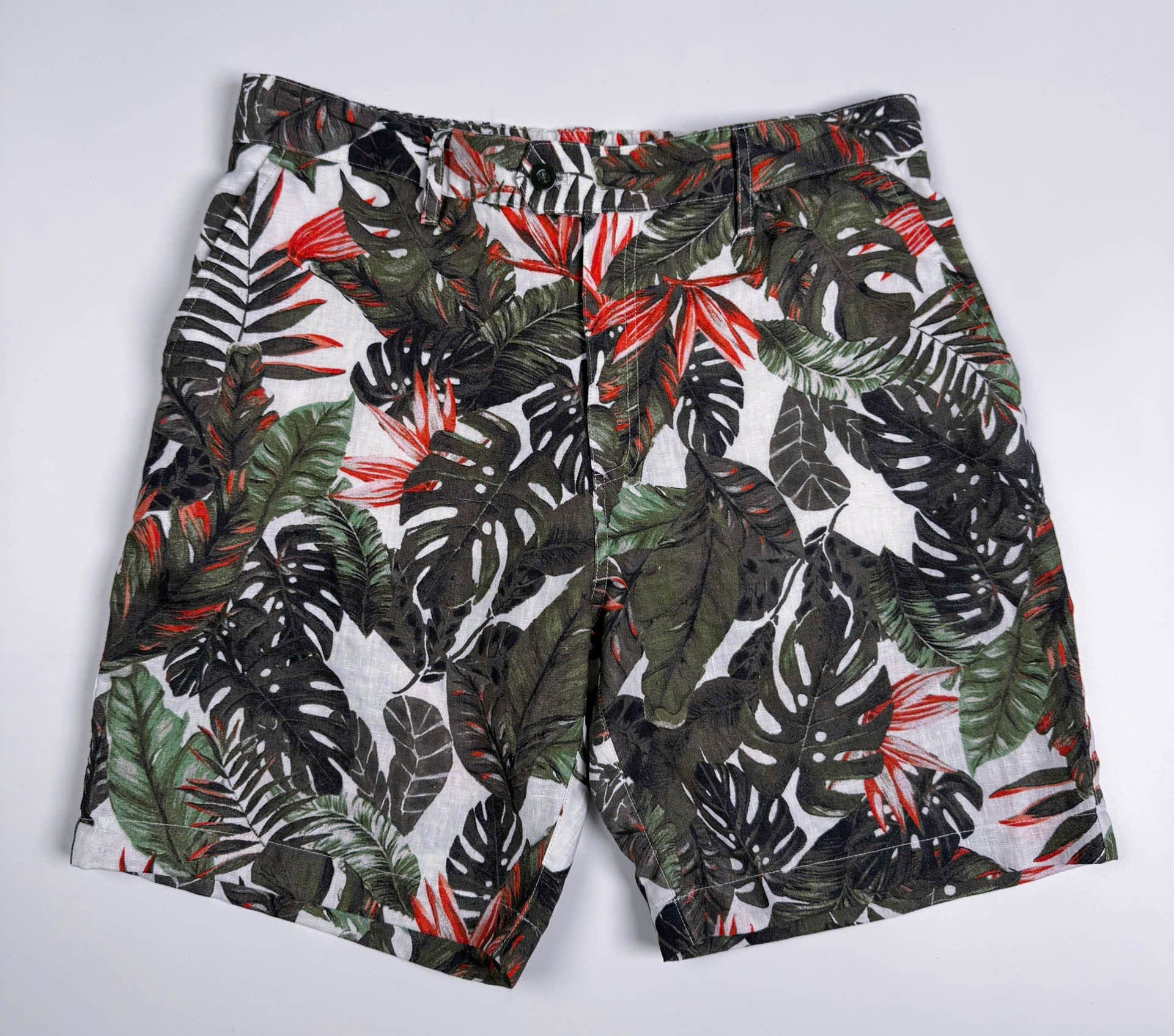 Saigon Concepts Fire & Fern Tropical Print Linen Shorts - full front view 