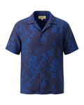 Saigon Concepts Hawaiian Shirt with blue leaf patterned print on a dark navy linen - 3D mannequin photo