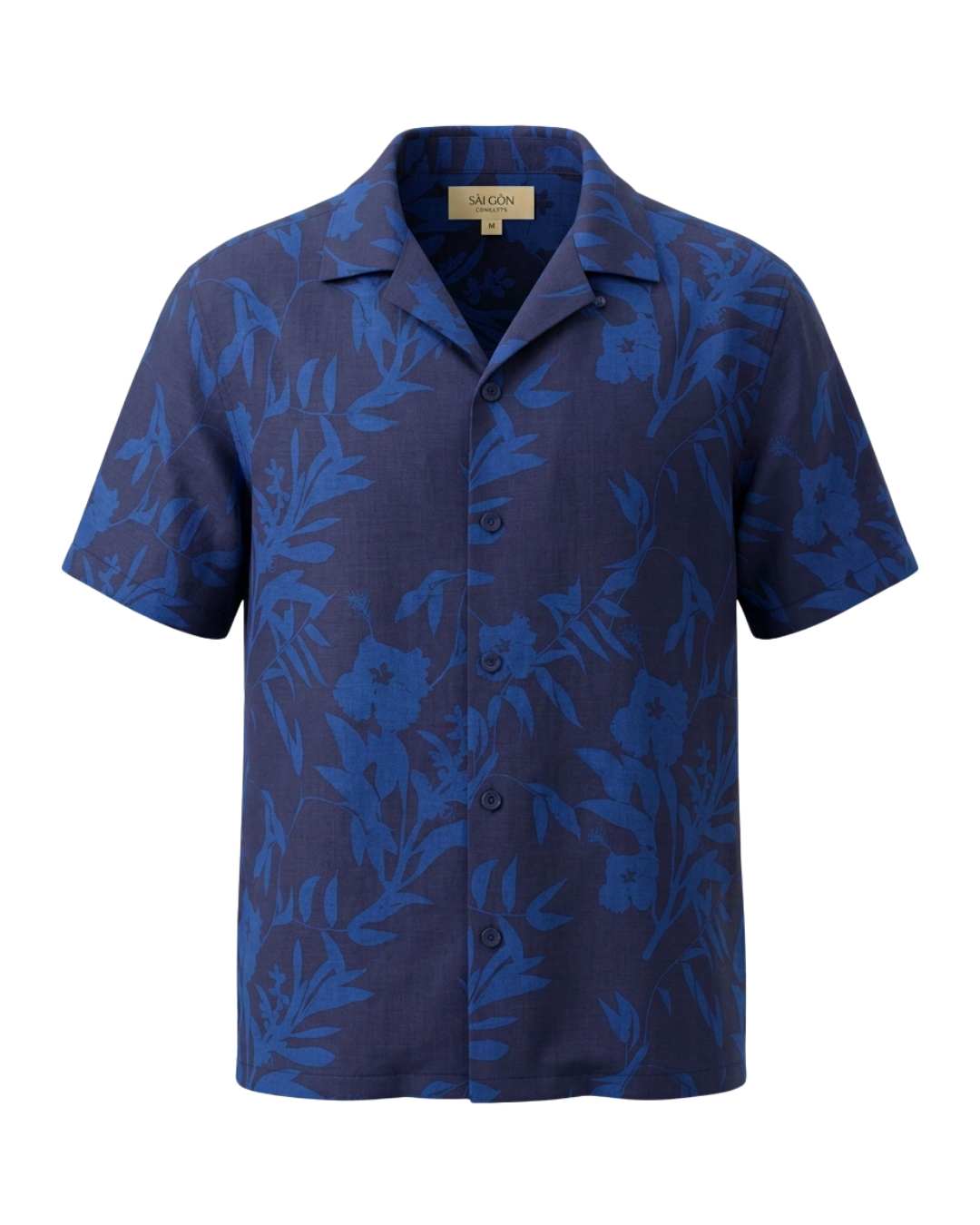 Saigon Concepts Hawaiian Shirt with blue leaf patterned print on a dark navy linen - 3D mannequin photo
