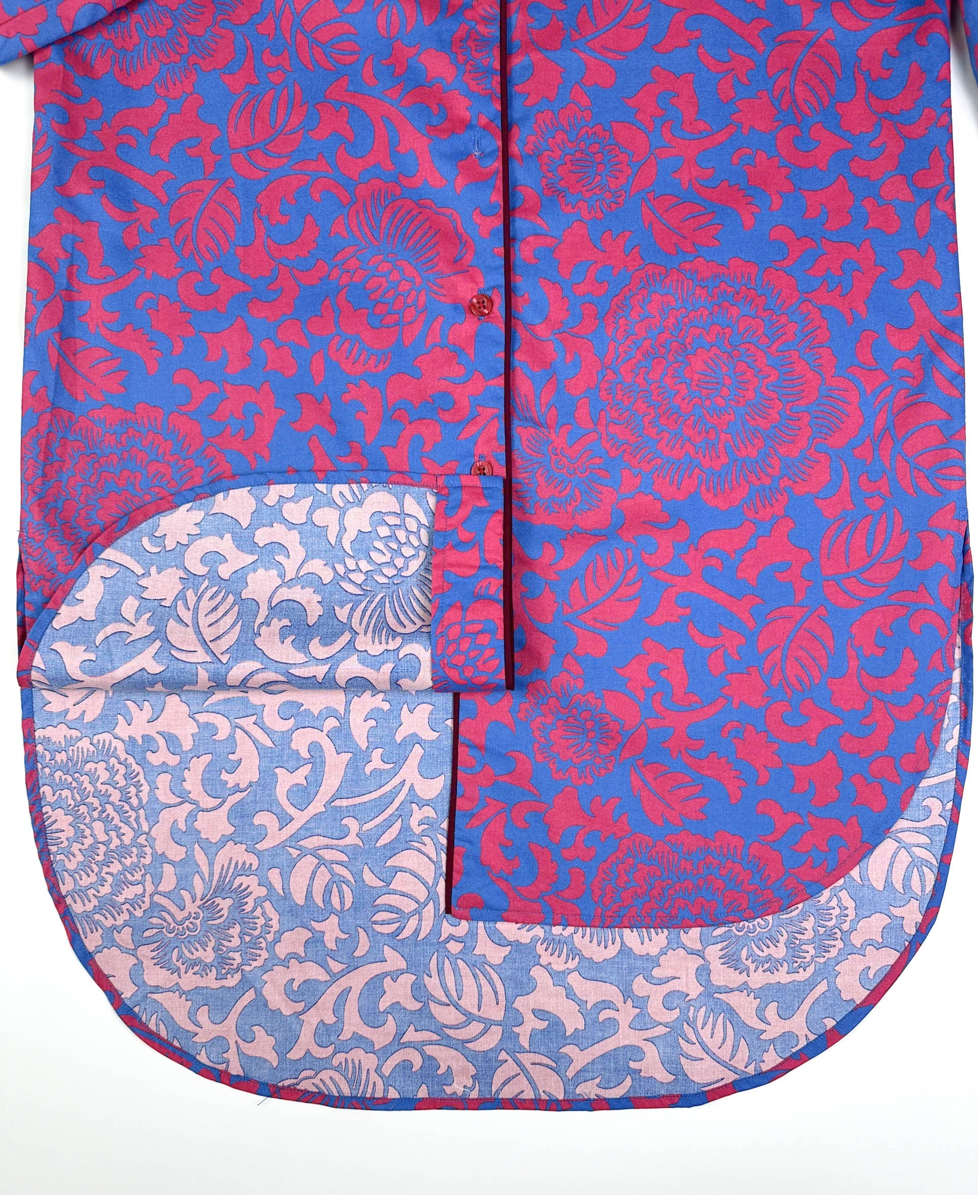 Saigon Concepts - Close-up of Jardin Royale long line PJ top showing - edge details with contrasting dark wine piping and elegant floral print