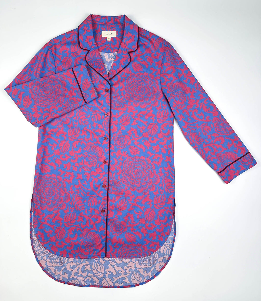 Saigon Concepts Jardin Royale long line lounge top in 100% cotton with red-pink and sea note blue floral print and wine trim - Lounge to Street collection made in Vietnam