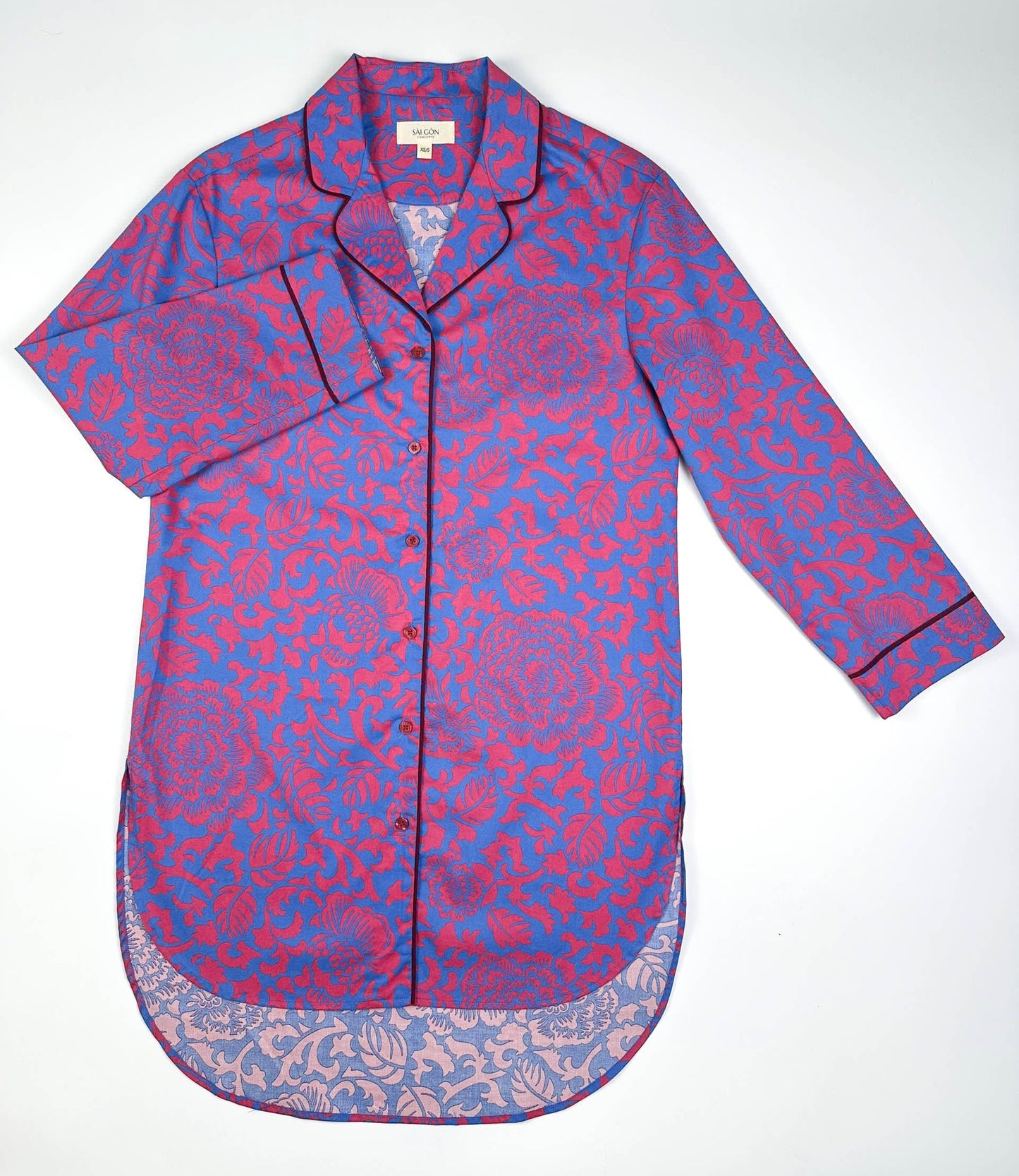 Saigon Concepts Jardin Royale long line lounge top in 100% cotton with red-pink and sea note blue floral print and wine trim - Lounge to Street collection made in Vietnam