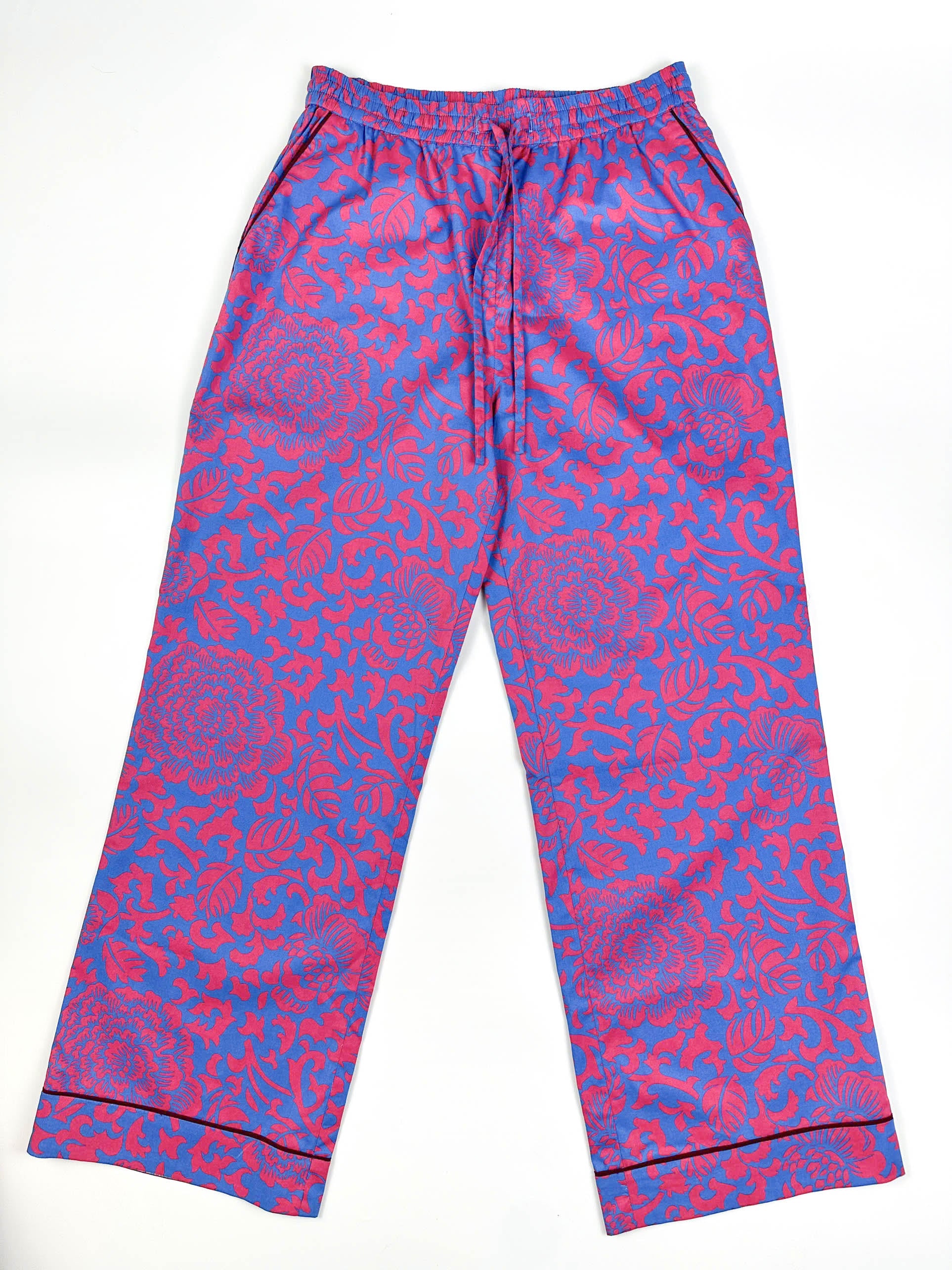 Saigon Concepts Jardin Royale lounge pyjama long pants in 100% cotton with red-pink and sea note blue floral print and wine trim - Lounge to Street collection made in Vietnam