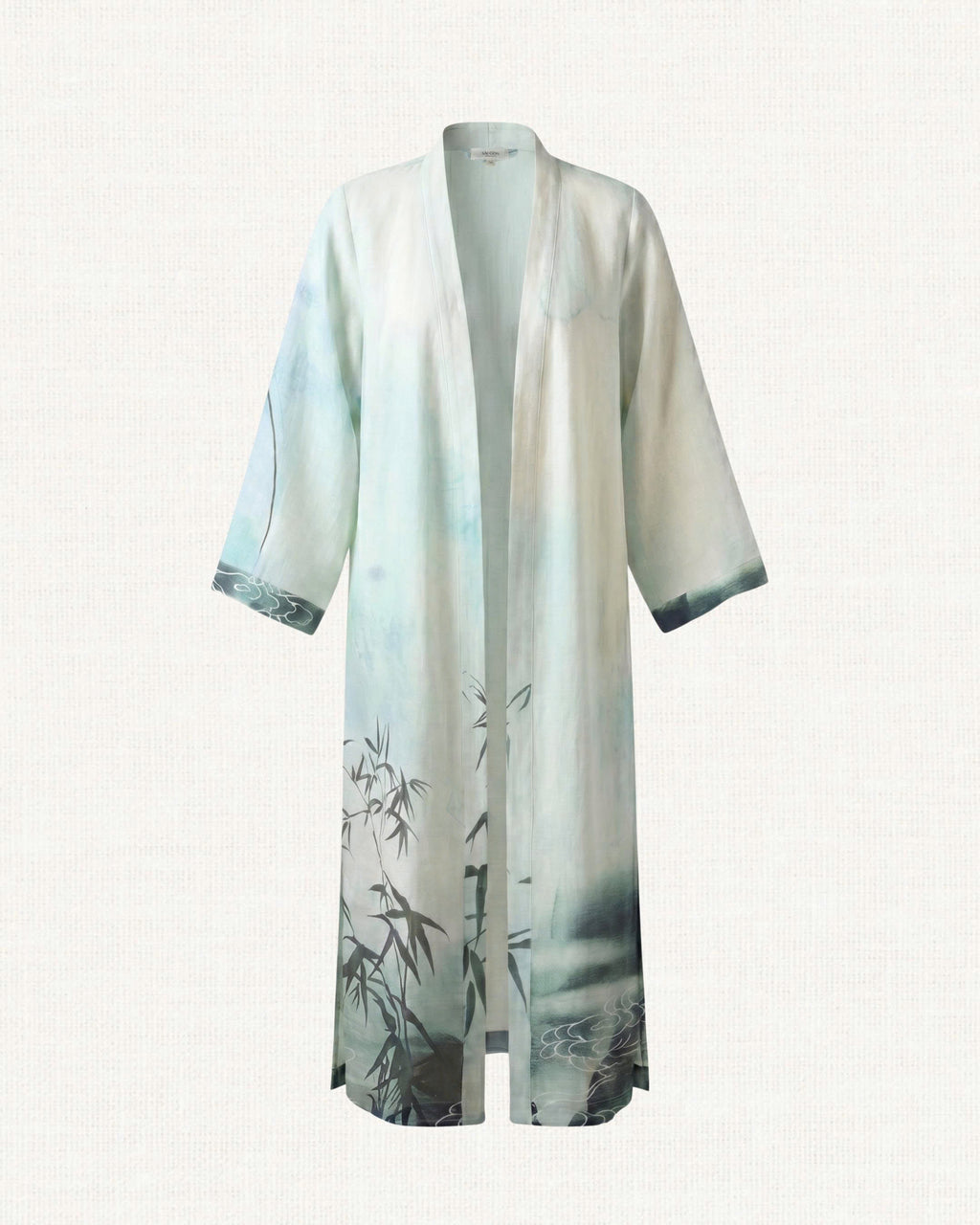 Long kimono-style garment with bamboo design on a white background - 3D front view