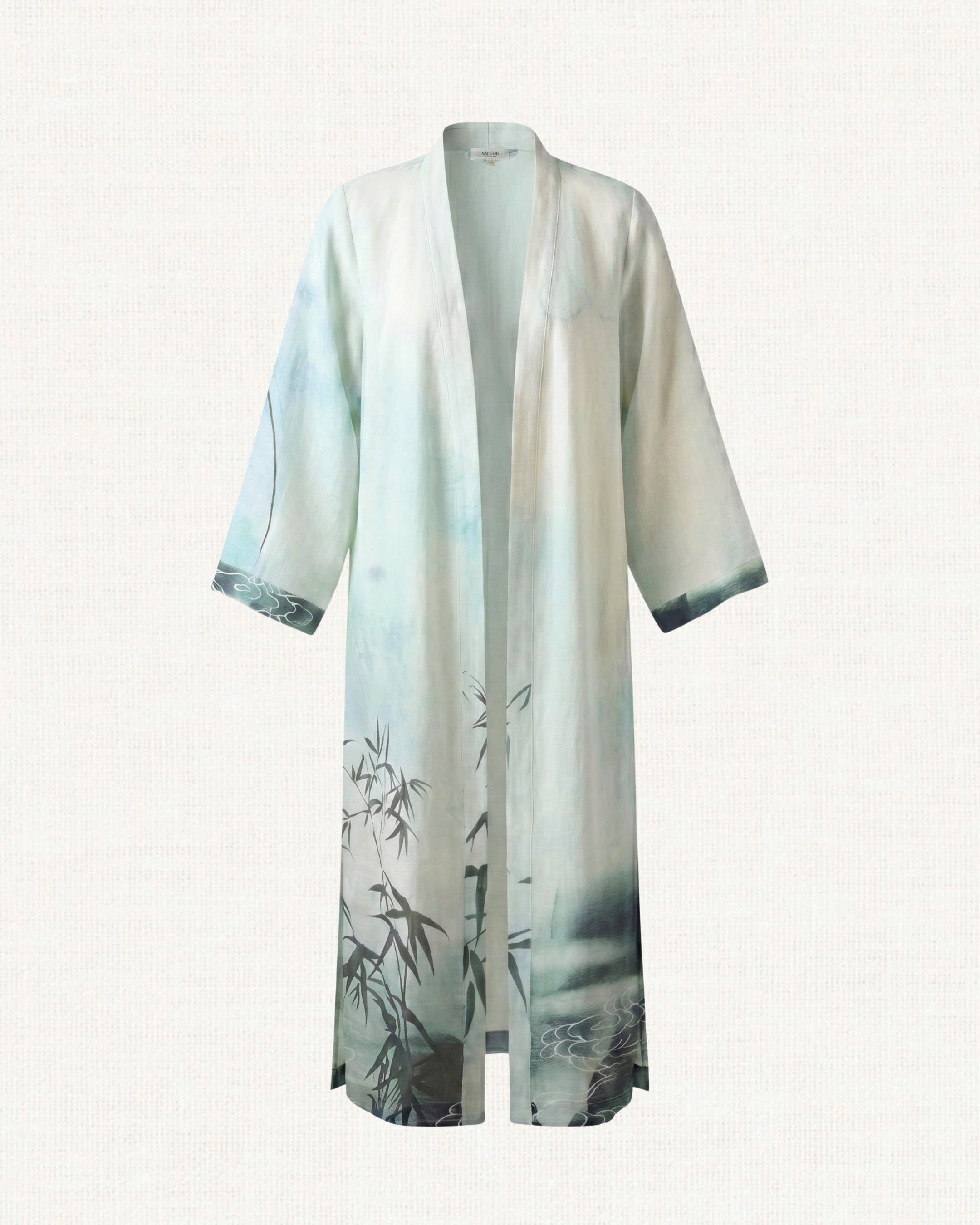 Long kimono-style garment with bamboo design on a white background - 3D front view