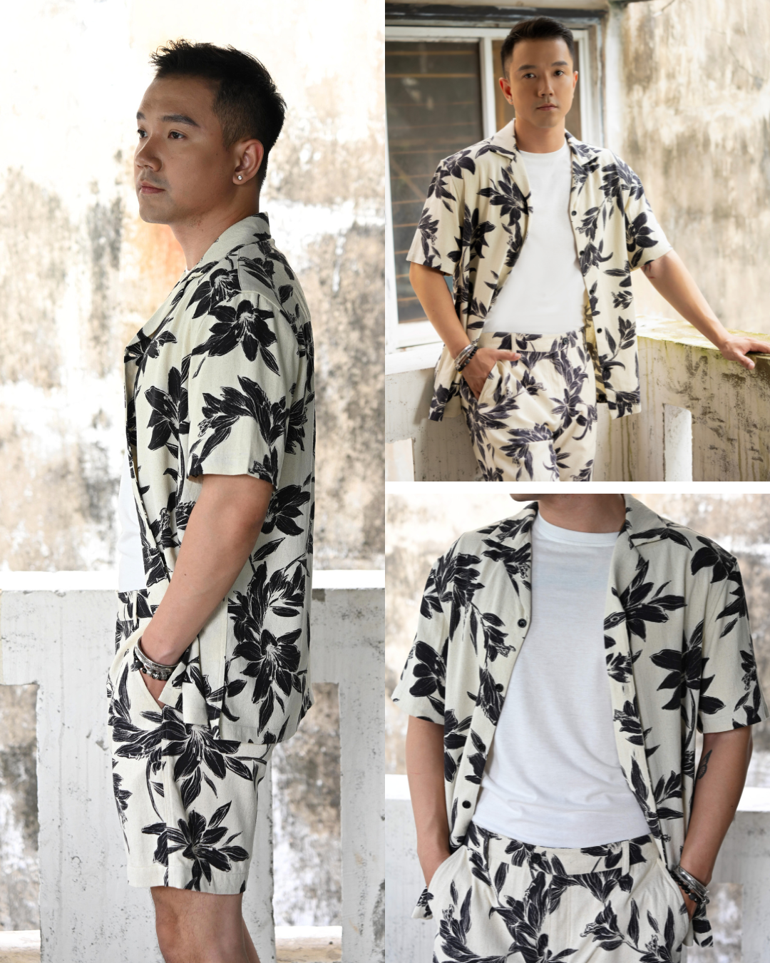 Noir Lily Hawaiian shirt in linen cotton blend with black lily print on beige background - sustainable resort wear made in Vietnam