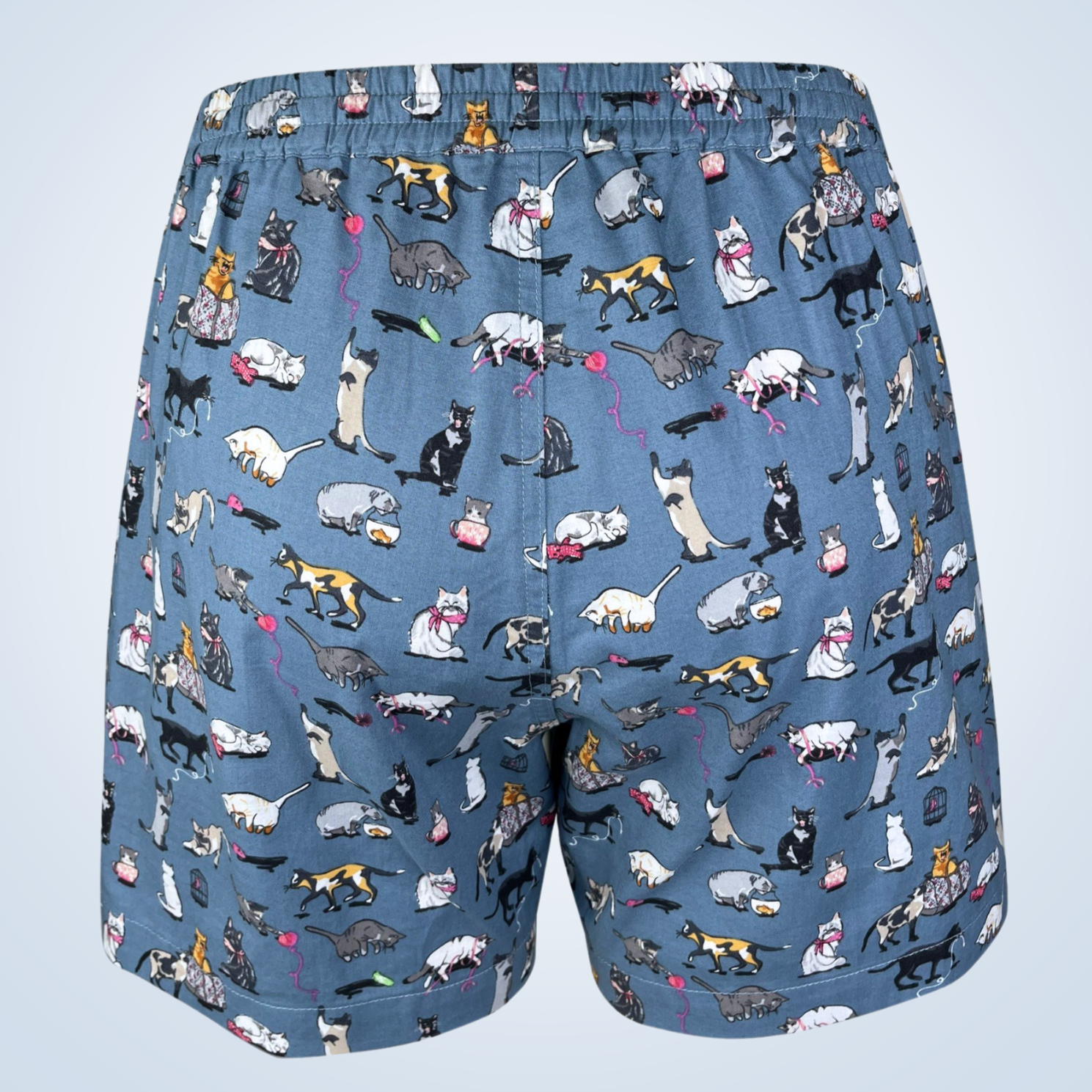 Saigon Concepts Meow Meow cat print lounge shorts in blue-grey cotton with elastic waistband - back view