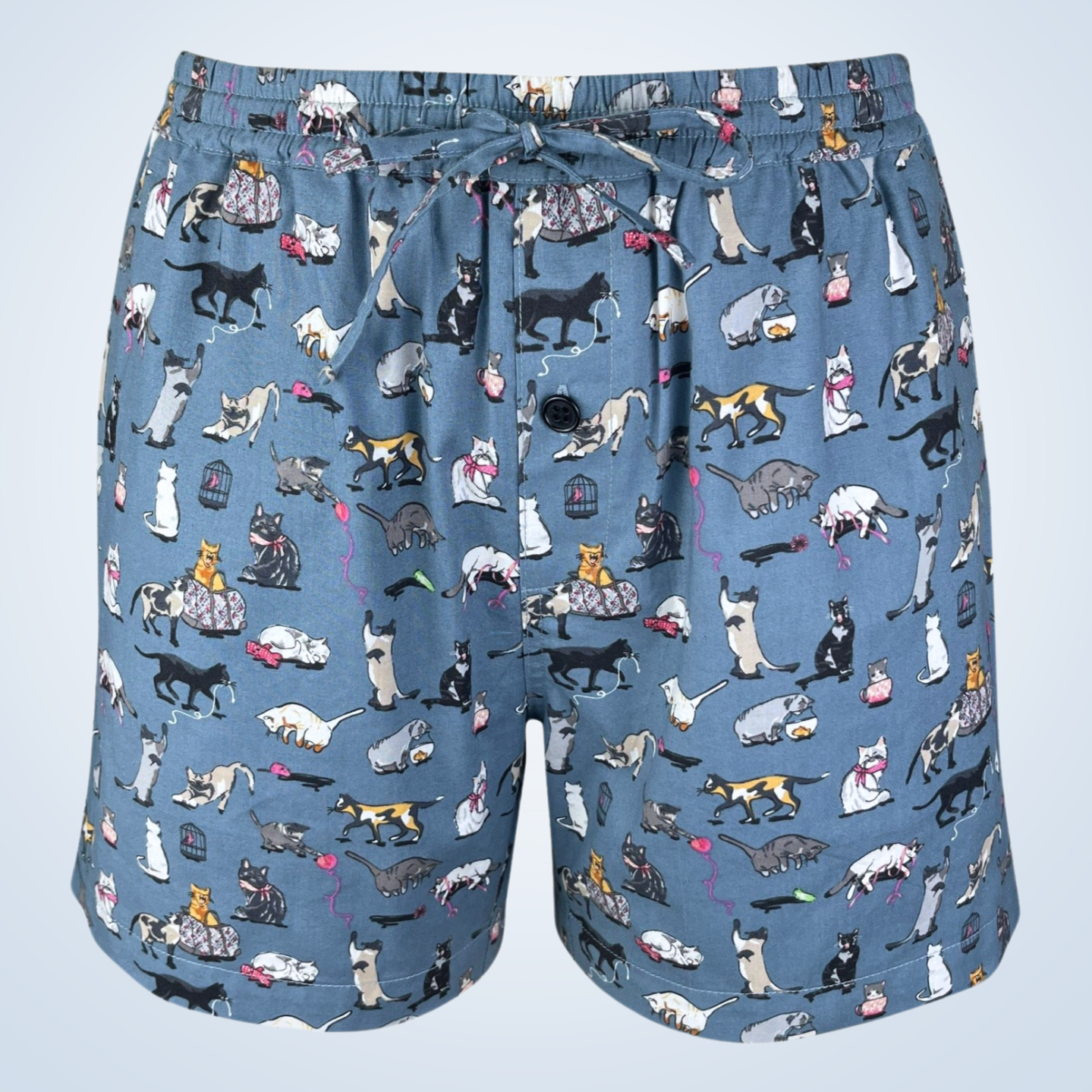 Saigon Concepts Meow Meow cat print lounge shorts in blue-grey cotton with elastic waistband - front view