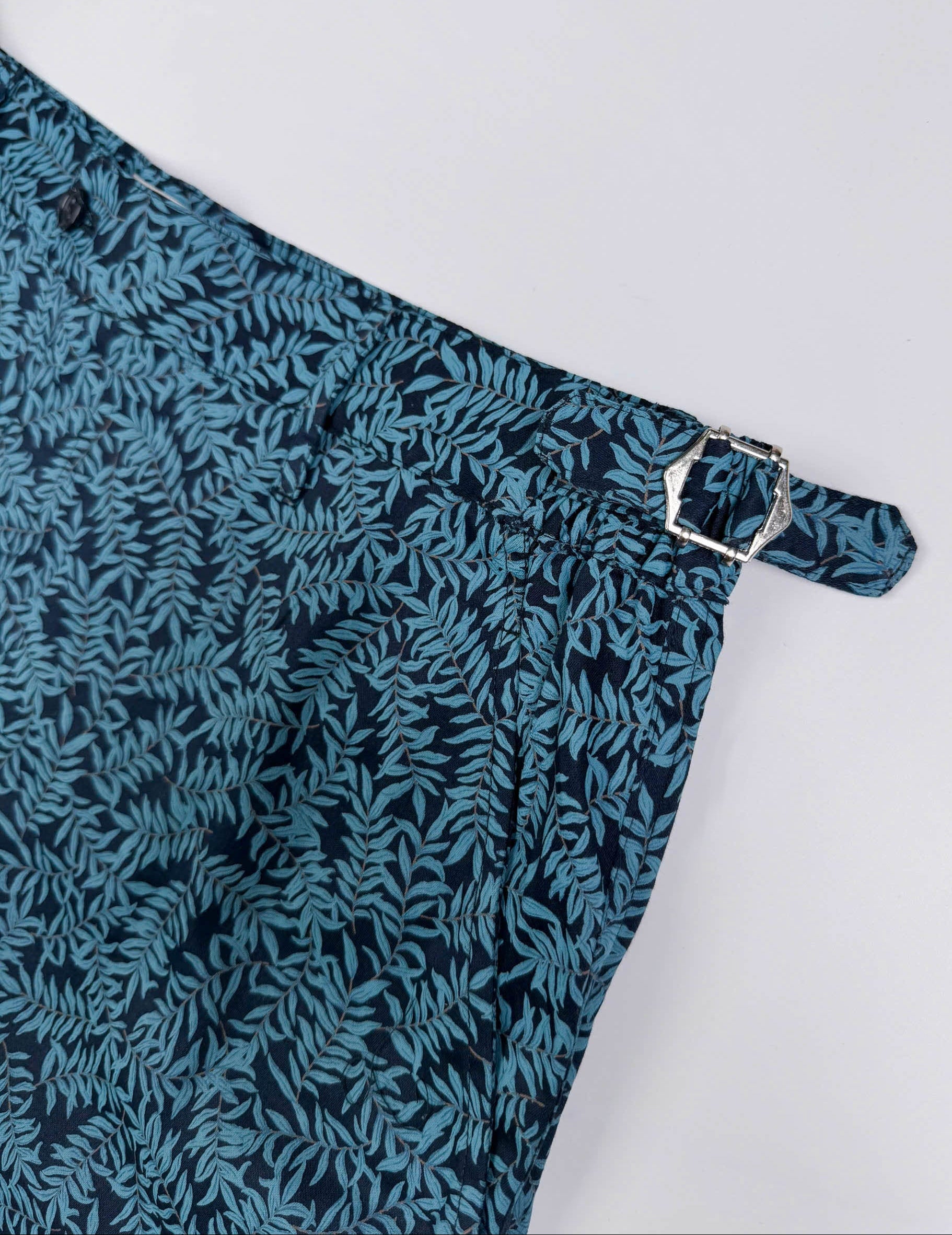 Saigon Concepts Mossy Leaf Teal Blue Cotton Cabana Shorts - adjustable  waistband buckle detail