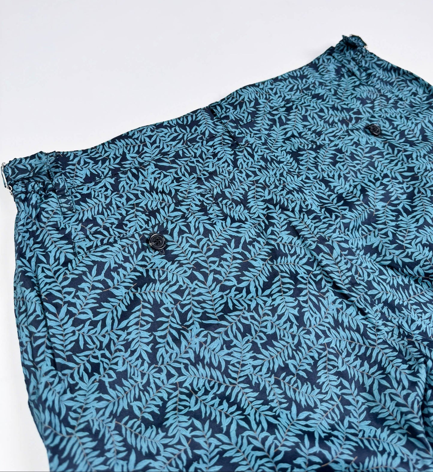 Saigon Concepts Mossy Leaf Teal Blue Cotton Cabana Shorts - back waistband and pockets view