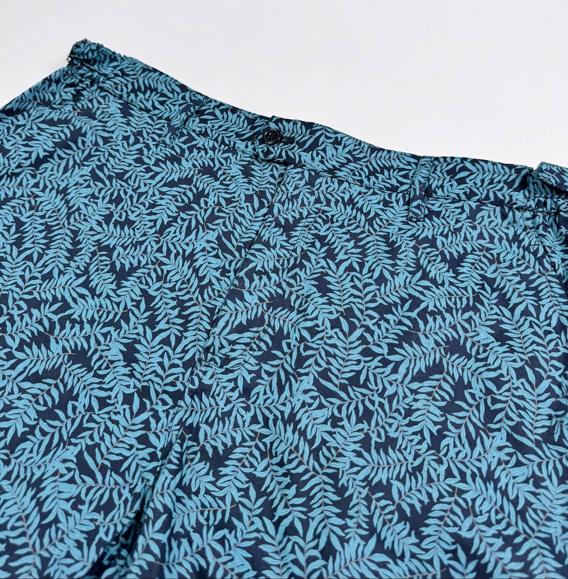 Saigon Concepts Mossy Leaf Teal Blue Cotton Cabana Shorts - front waistband view