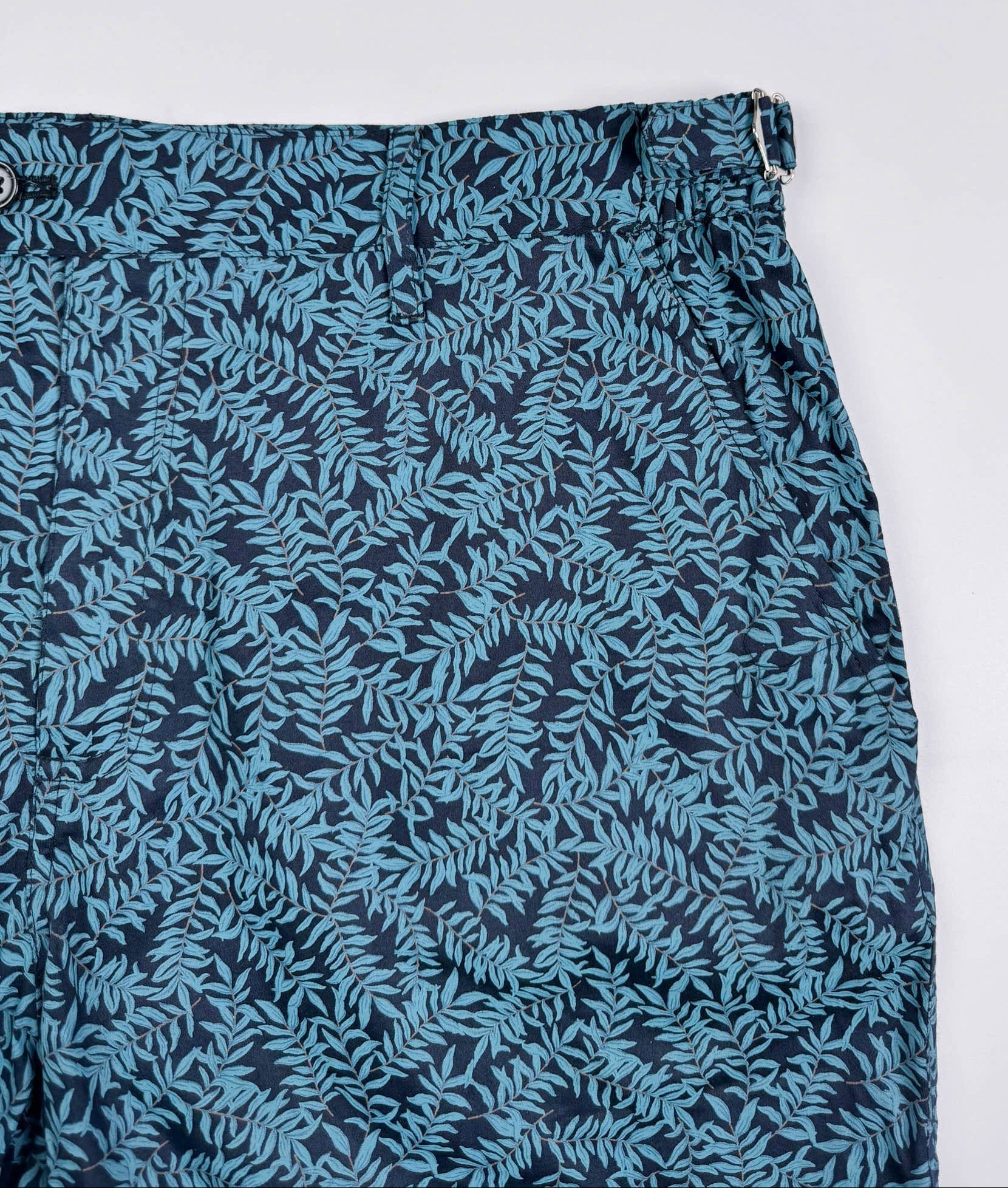 Saigon Concepts Mossy Leaf Teal Blue Cotton Cabana Shorts - front side pocket detail view