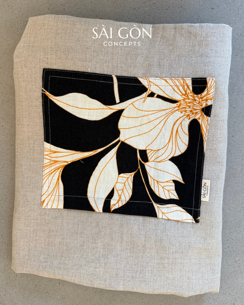 Black Orange Hibiscus - Natural Linen Beach Tote Bag
